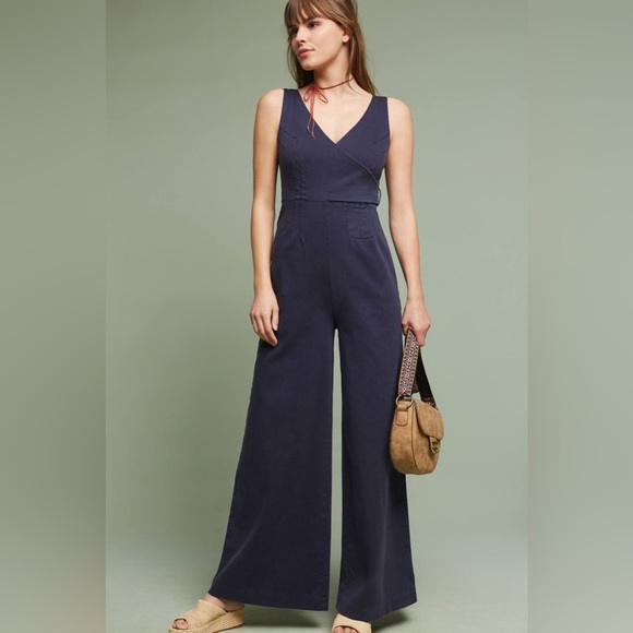 Anthropologie Chino Navy Wrap Top Wide Leg Jumpsuit Size 4 - Picture 1 of 5